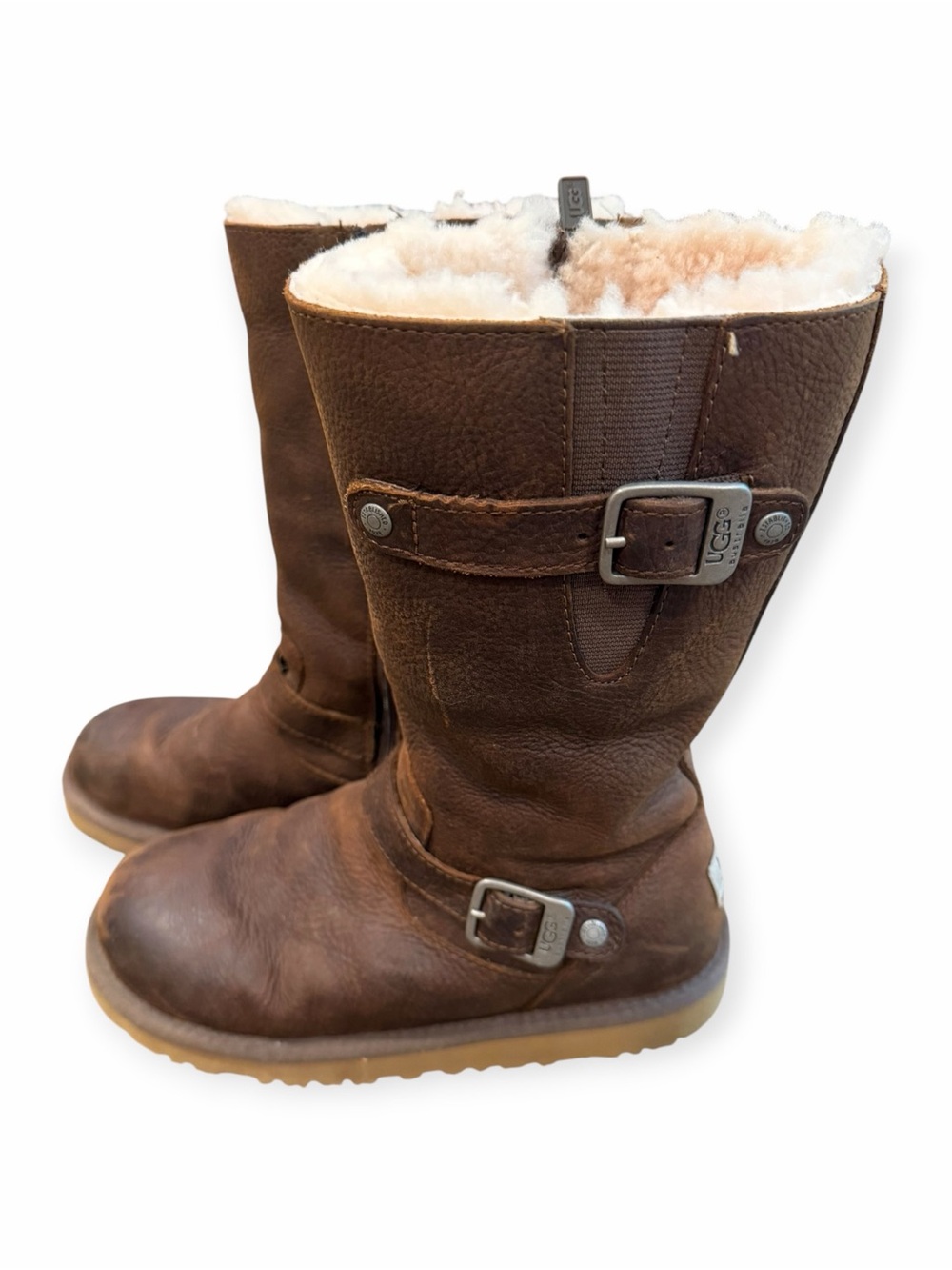 UGG, Kids Brown Leather Shearling-Trim Buckle Boots, Size 4